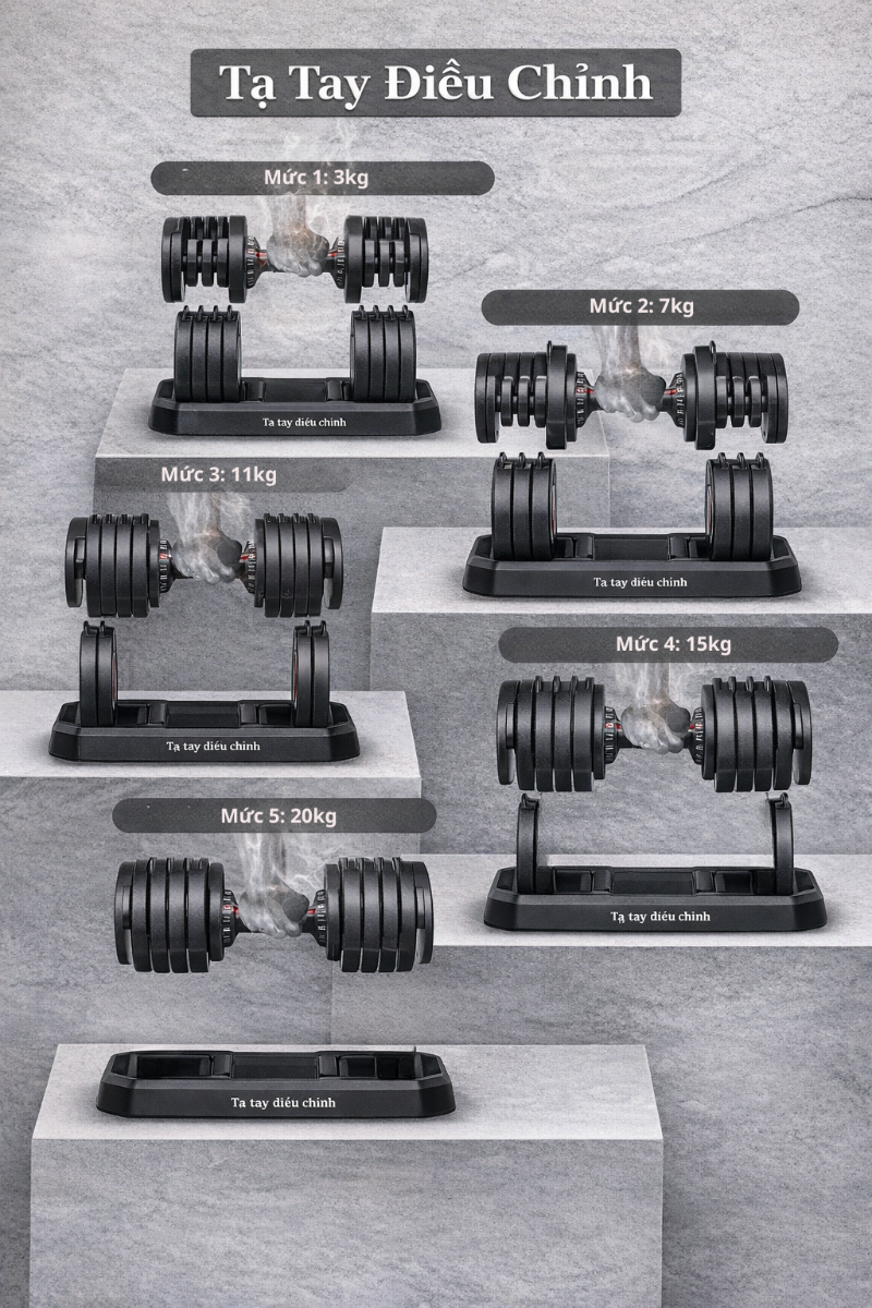 Tạ tay điều chỉnh 20kg, có thể điều chỉnh được nhiều mức tạ khác nhau