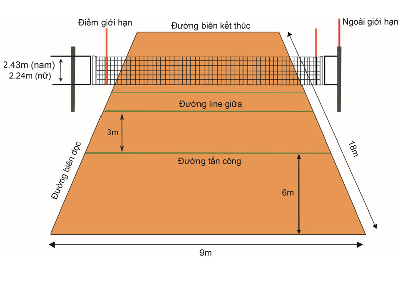 Các khu vực trên sân bóng chuyền hơi