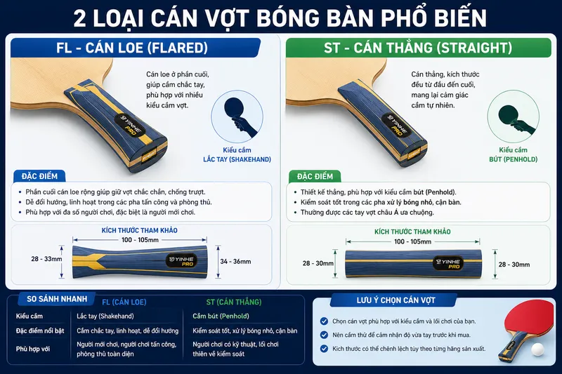 Vợt bóng bàn chuyên thủ là gì? 5 Cách chọn vợt đúng 3 cán vợt fl và st