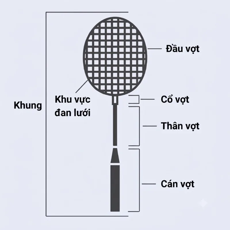 Cấu tạo cây vợt cầu lông gồm những bộ phận gì?
