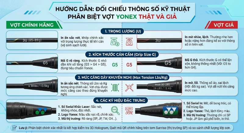 Hướng dẫn phân biệt vợt cầu lông Yonex thật giả dễ nhận biết 3 Đối chiếu thông số kỹ thuật trên vợt