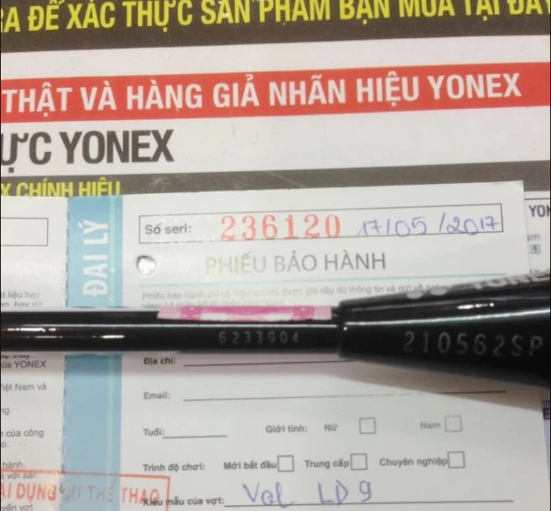 Hướng dẫn phân biệt vợt cầu lông Yonex thật giả dễ nhận biết 8 phiếu bảo hành vợt yonex